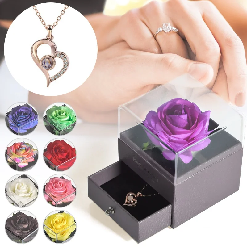 Valentines Day Forever Flower Eternal Rose Jewelry Box with 100 Languages I Love You Necklace Wedding Birthday Gifts for Girl