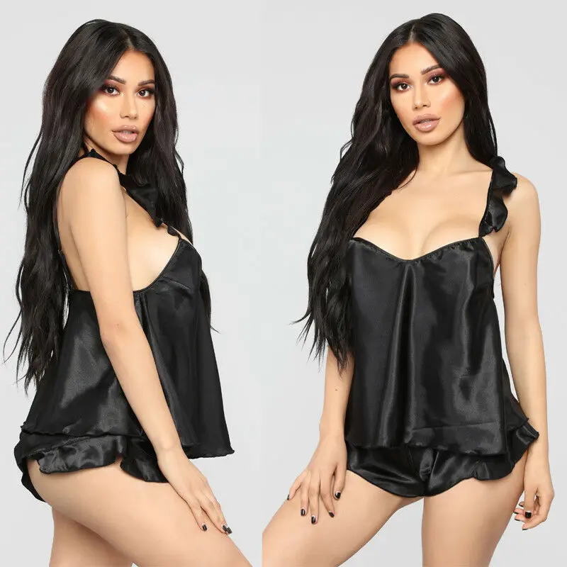Women Sleepwear Babydoll Lingerie Nightwear Shorts Pjama Set Ruffles Solid Satin Silk Lace Homewear S-XXL