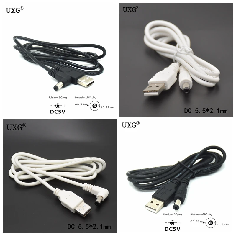 DC Power Plug USB Convert To 5.5*2.1mm/DC 5.5x2.1mm White Black L Shape Right Angle Jack With Cord Connector USB Cable