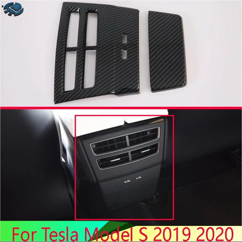 

For Tesla Model S 2019-2022 Car Accessories Carbon Fiber Style Plated Armrest Box Rear Air Vent Frame Trim Cover