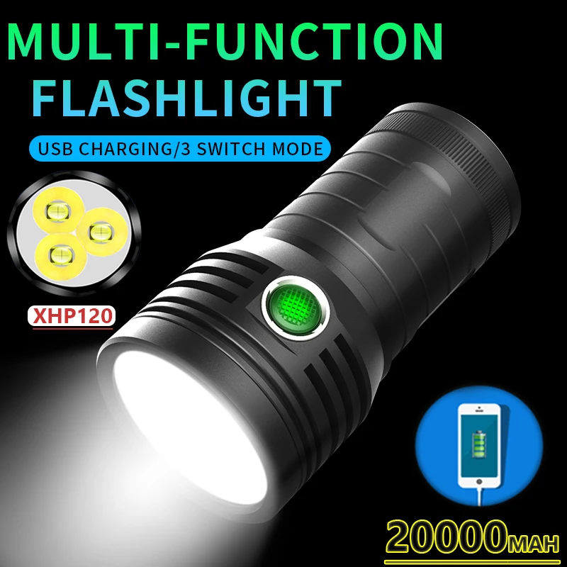 20000MAH Super Bright Flashlight XHP120 Ultra Powerful LED Searchlight Flash Light Power Bank Built-in 18650 Rechargeable Lamp