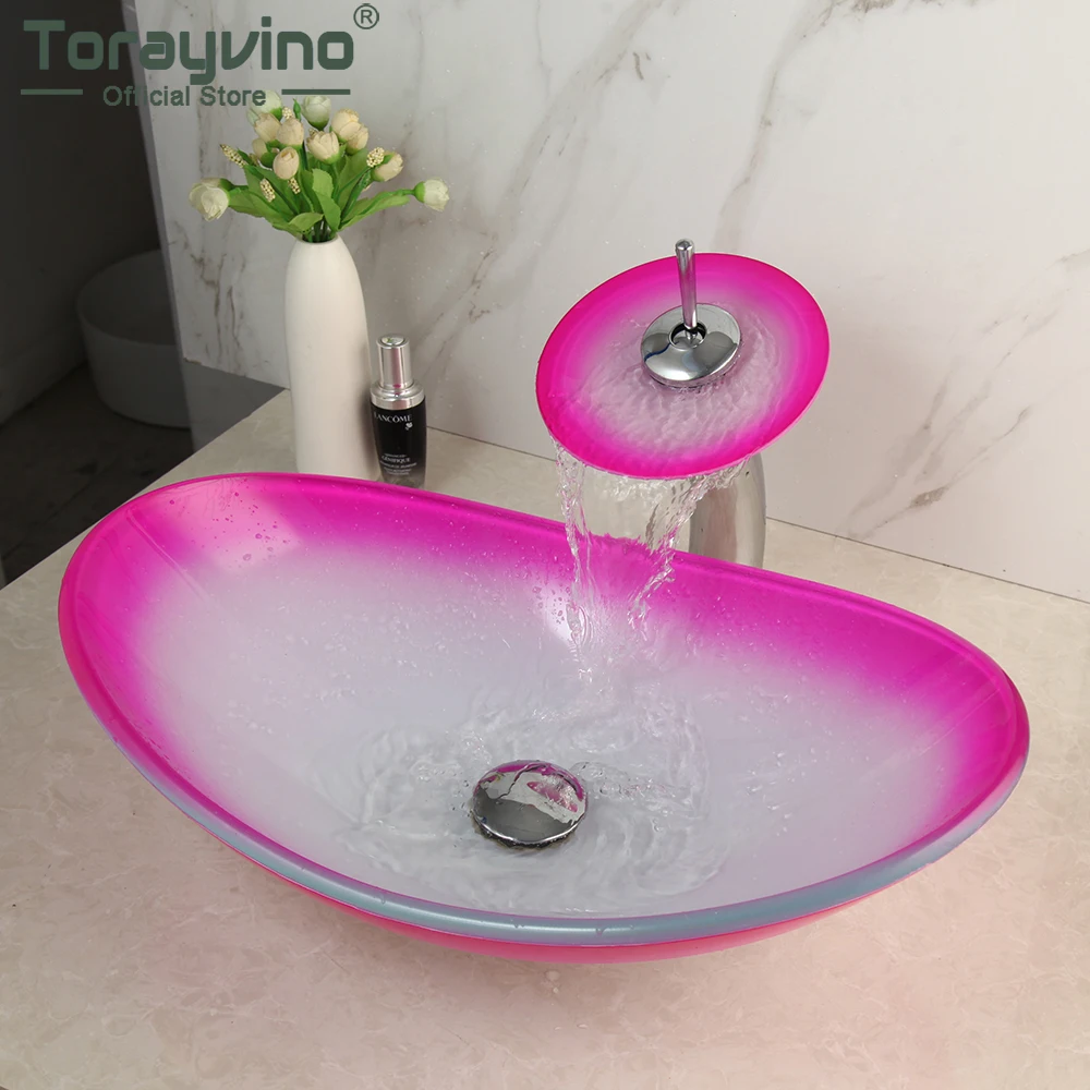 Torayvino Oval Hand Paint Washbasin Tempered Glass Basin Sink Deck Mounted Bathroom Faucet With Pop-up Drain Mixer Tap Combo Kit