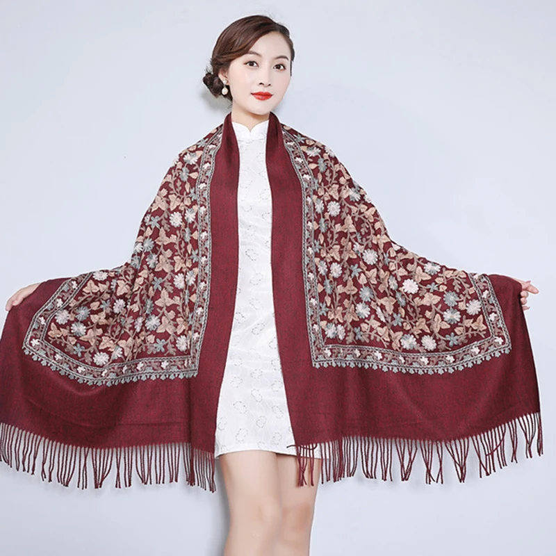 Women\'s Winter Warm Embroidery Scarves Tippet Ladies/ Women Shawls and Wraps Long Tassel Female Foulard Blanket Dropshipping