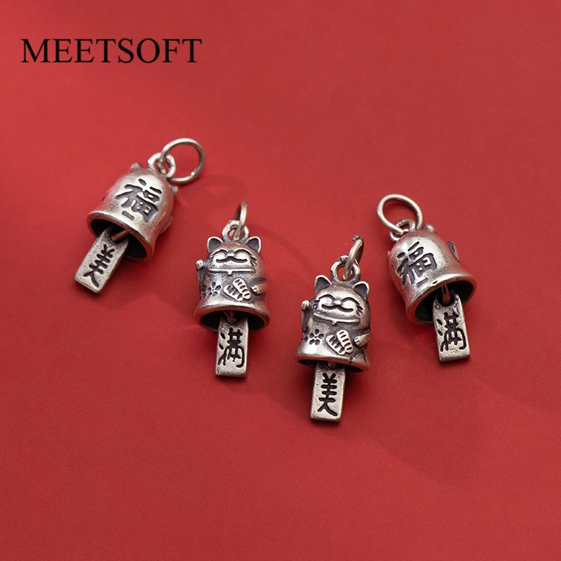 MEETSOFT Real 925 Silver Retro Lucky Jingle Cat Square Drop Pendant Charms of DIY Handmade Making Supplies Accessory Wholesale