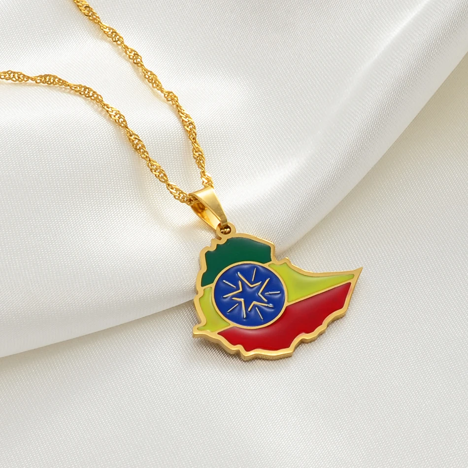 Anniye Ethiopian Map Flag Pendant Necklaces Gold Color/Silver Color Jewelry Africa Ethiopia National Flag Necklace Maps #148621