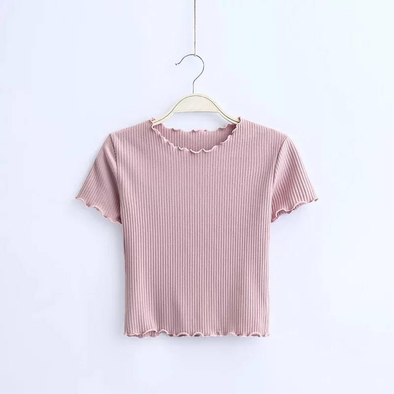 Vintage Wood ears O neck Short sleeve T-shirt 2024 New Woman Slim Fit t shirt tight tee Summer Retro Tops 6 colors