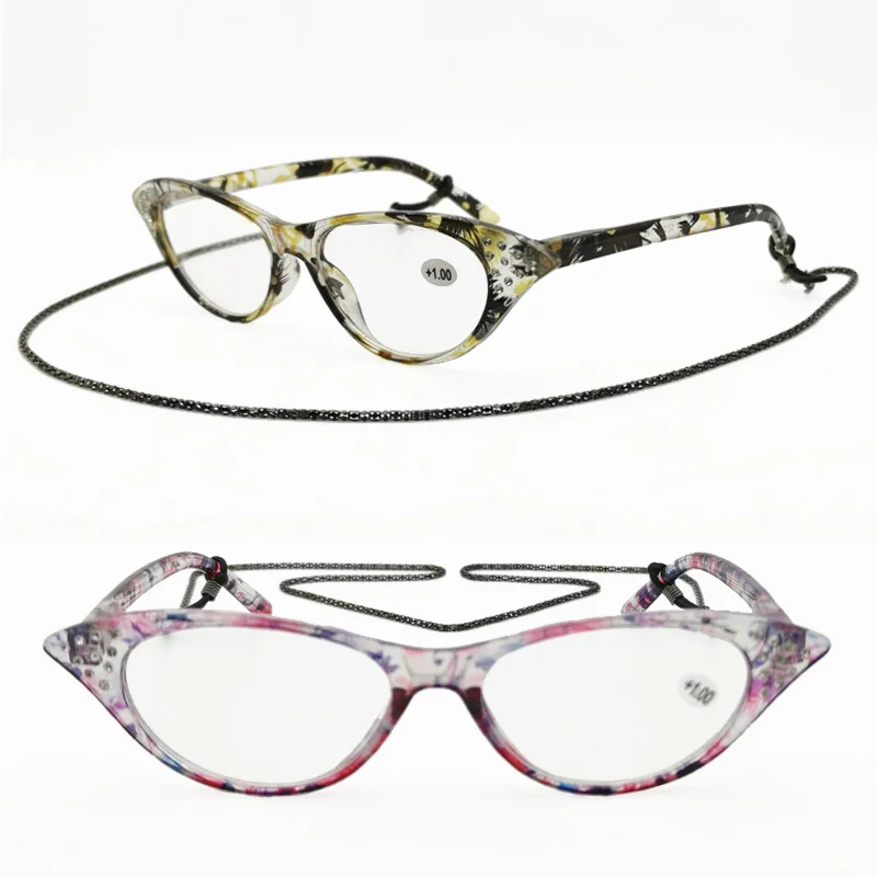 

fashion cateye shape reading glasses S5022 acrylic diamonds decoration with hanging necklace strap for women