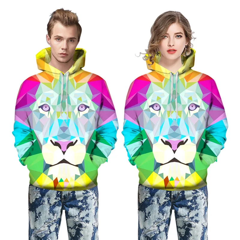 Women Drawstring Lion Printed Hooded Sweatshirt with Pocket 2020 Autumn Plus Size Casual Adult Men Woman Pullover Tops Clothing