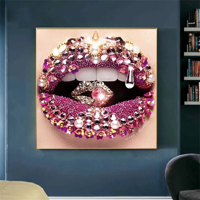 Sexy Drill Piercing Lips Canvas Painting Mouth Posters and Prints Modern Wall Art Decorative Picture for Living Room Home Decor