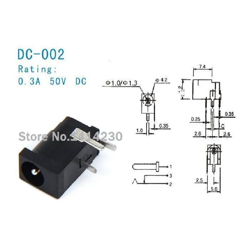 10Pcs Hot Sales High Quality DC-002 0.3A 50V Black DC Power Jack Socket Connector DC002 3.5*1.3mm 1.3 socket