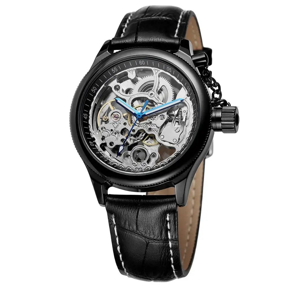 Reloj de moda informal para hombre, reloj mecánico automático con esfera redonda negra y manos azules, correa de cuero negra, regalo de vacaciones