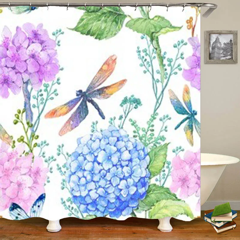 Trendy Watercolor Blue Hummingbirds Bird Shower Curtain for Bathroom Parrot Dragonfly Flowers Floral Waterproof Bath Curtains