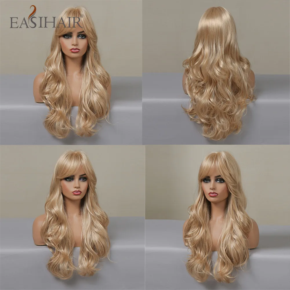 Easihair Ash Blonde Golvende Cosplay Pruiken Met Pony Natuurlijke Lange Synthetische Haren Voor Vrouwen Lolita Party Hittebestendige Vezels Pruik