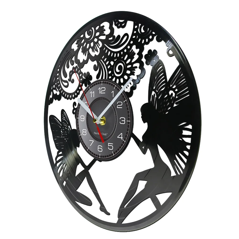 Angelhood Fairy With Flowers Vinyl Record Wall Clock Wonderful Tinker Bell Adventure Film Art Decorative Decor For Young Girls