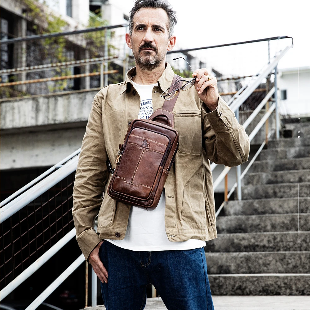 Bolsa Peito de Couro Genuíno para Homens, Sacos Mensageiro, Grande Capacidade, Bolsa de Ombro Empresarial, Designer de Moda, Bolsa Peito Masculina