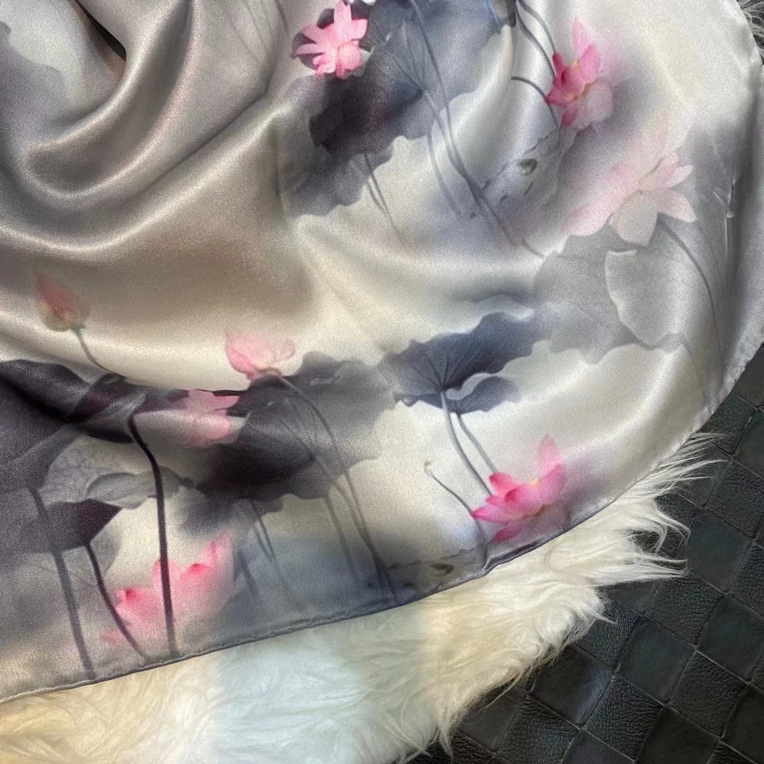 Chinese Style Ink Lotus Silk Scarf Shawl Women 2021 New Design 100% Natural Silk Long Scarves Grey Pink Neck Scarves 175*53cm