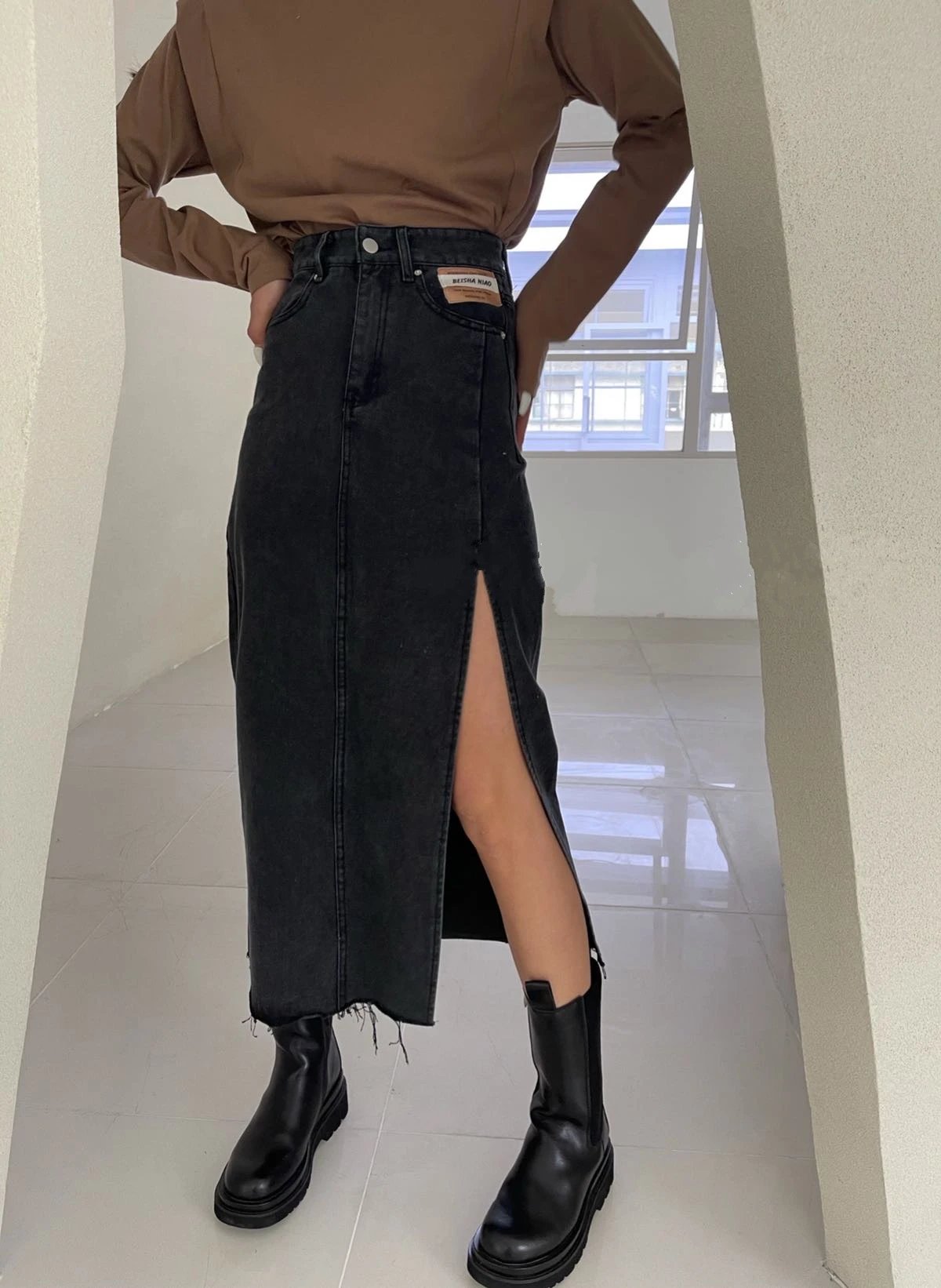 Seoulish Summer 2022 New Women\'s Long Denim Skirt Vintage High Wasit Jeans Skirt Female Straight Side Split A-line Pencil Skirts