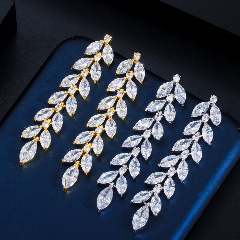 CWWZircons Marquise Cut Cluster CZ Zirconia Crystal Long Dangle Leaf Earrings Gold Plated Bridal Wedding Jewelry for Women CZ603