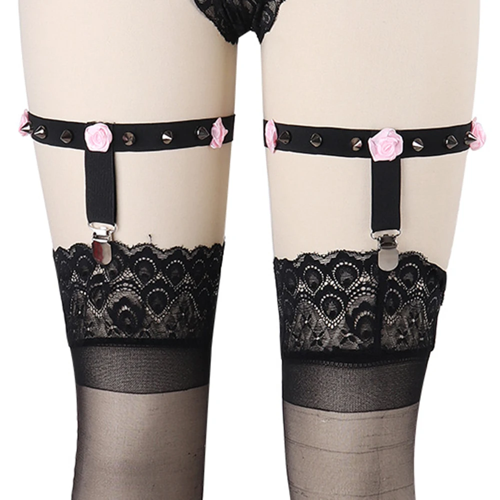 JLX.HARNESS giarrettiera fiore rosa calze da sposa Kawaii reggicalze rivetto Sexy Bondage imbracatura per gambe Lingerie gotica imbracatura per il corpo