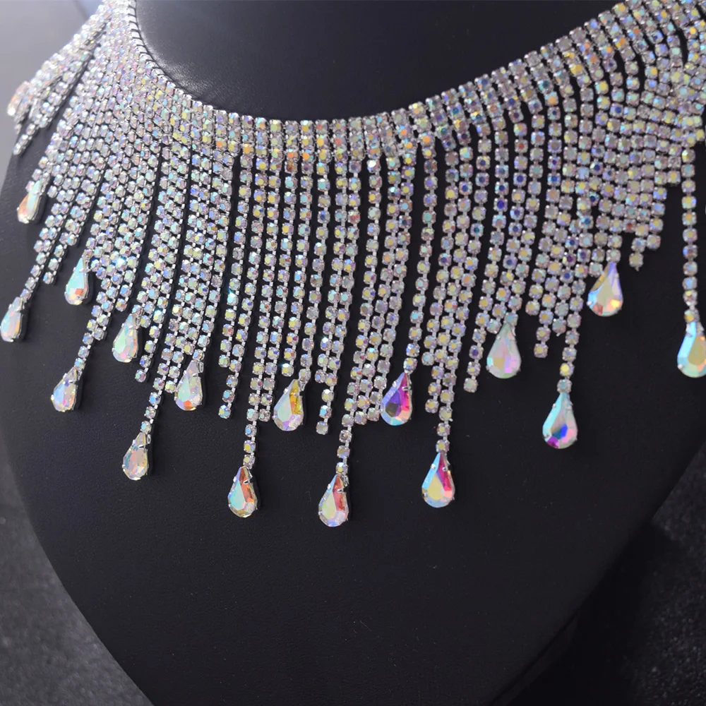 Hot sale 1yard good quanlity sew on crystal AB rhinestone glass fringe trimming silver plating tassel appliques for women DIY