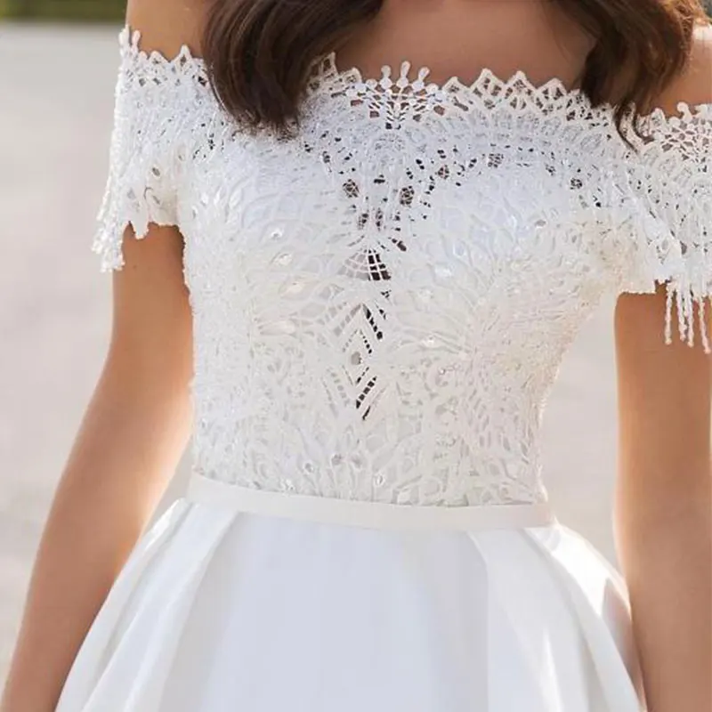 Robe de mariée en dentelle blanche pour femmes, élégante, col bateau, sans bretelles, Couture, Simple, 2021