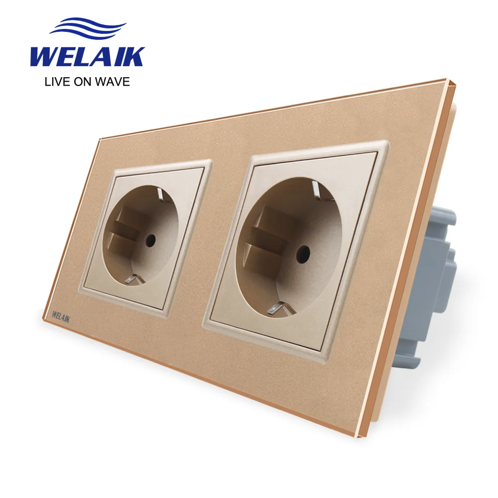 WELAIK EU 16A European 2Frame 151*80mm  220V  Russia Germany  Tempered Glass Panel Safety Wall Power Socket  A28E8EW