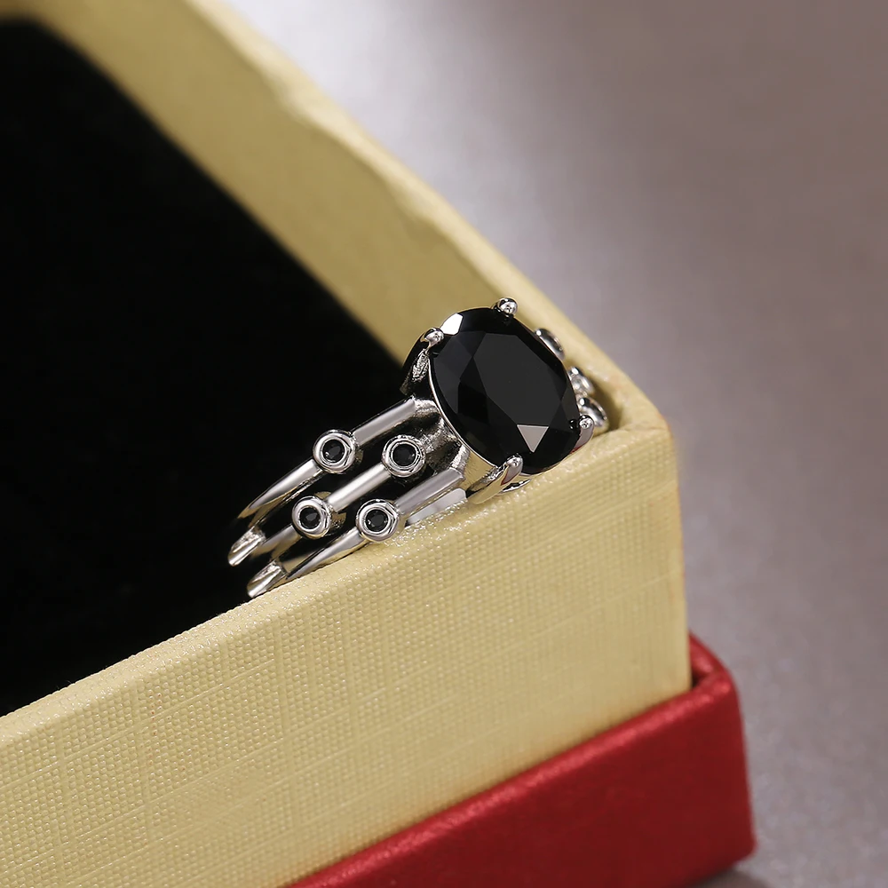 Women's Black Stone Three Rows Ring for Dancing Parties