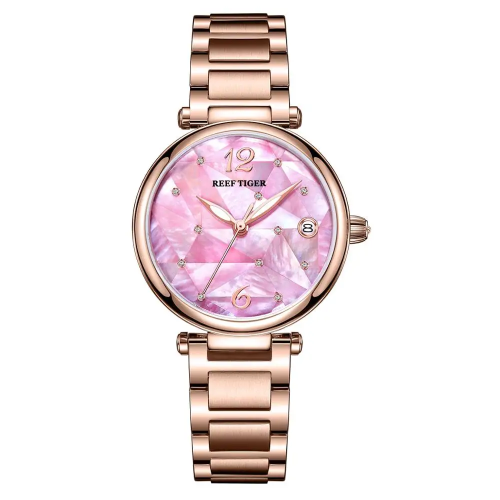 Reef Tiger/ RT-reloj mecánico de acero inoxidable para mujer, pulsera de lujo con diamantes a la moda, esfera rosa y oro, RGA1584
