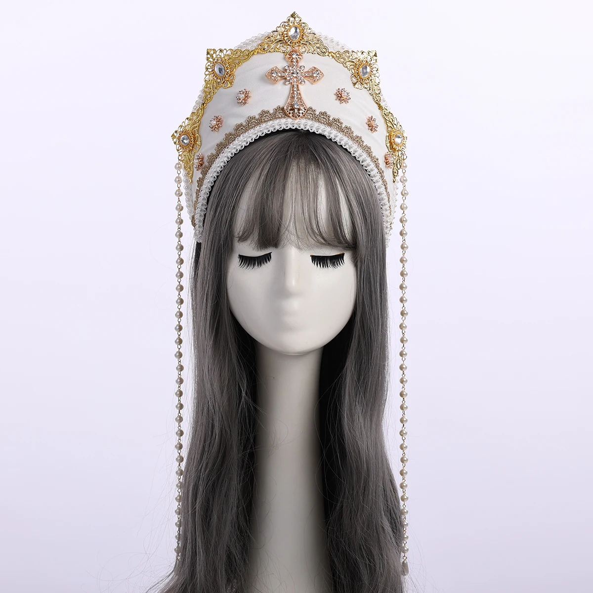 Renaissance Crown Headband Cosplay Women Tudor Headpiece KC Lolita Beads Chain Royal French Elizabethan Hood Coronet Tiara