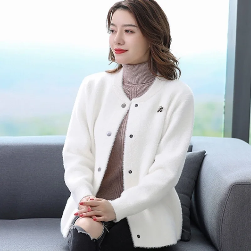 British Style Pure Color Knitted Cardigan Jacket Women Fall/Winter Loose Imitation Mink Fleece Sweater Short Coat Lady Clothing