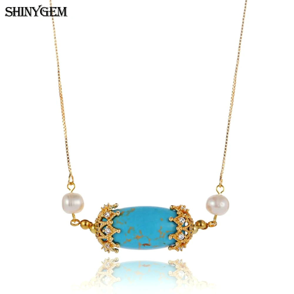 

Trendy Golden Crown Natural Blue Turquoises Stone Choker Pendant 7-8mm Round White Pearl Necklaces For Women Party Gift