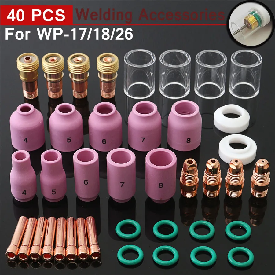 40 Pcs #10 Glass Cups Kit For WP17/18/26 Tig Torch Alumin Nozzle Collet Tig Welding Torch Collets Gas Lens Welding Accessories