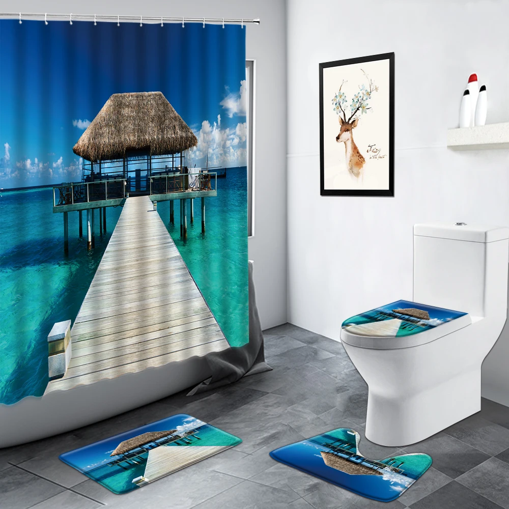 Wooden Bridge Ocean Landscape Shower Curtain Pavilion Seaside Scenery Nordic Decor Curtains Non-slip Rug Toilet Mat Bathroom Set