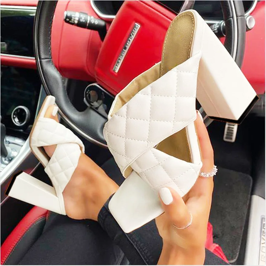 

2024 New Fashion Design Women Slippers Soft Leather Thick High Heels 11CM Ladies Sandals White Black Open Toe Party Casual Shoes