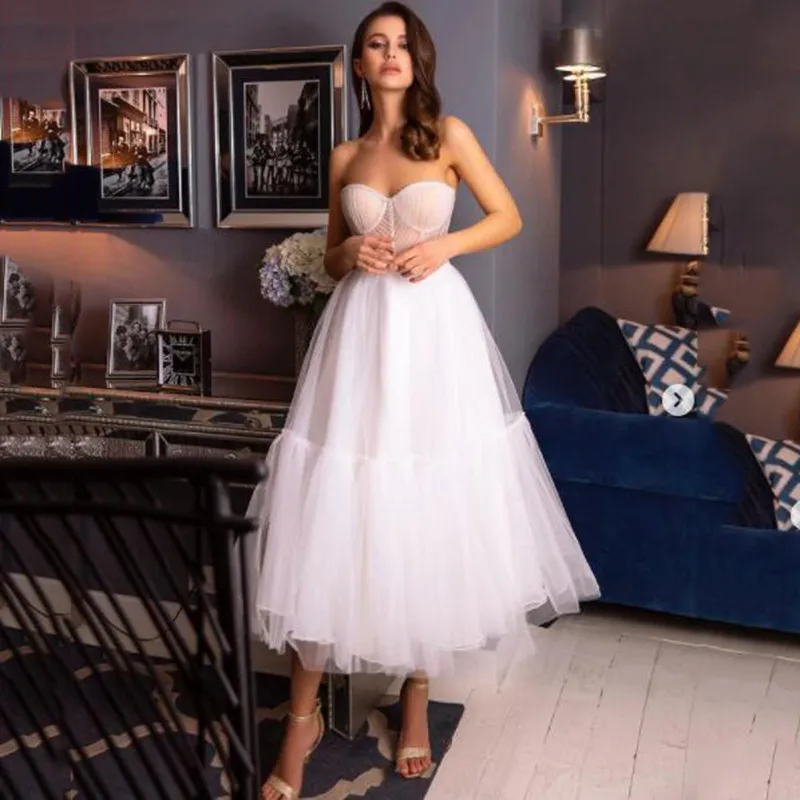 BridalAffair A Line Tulle Short Prom Dresses 2021 Sweetheart Pleat Boning Corset Tea length Formal Party Gowns