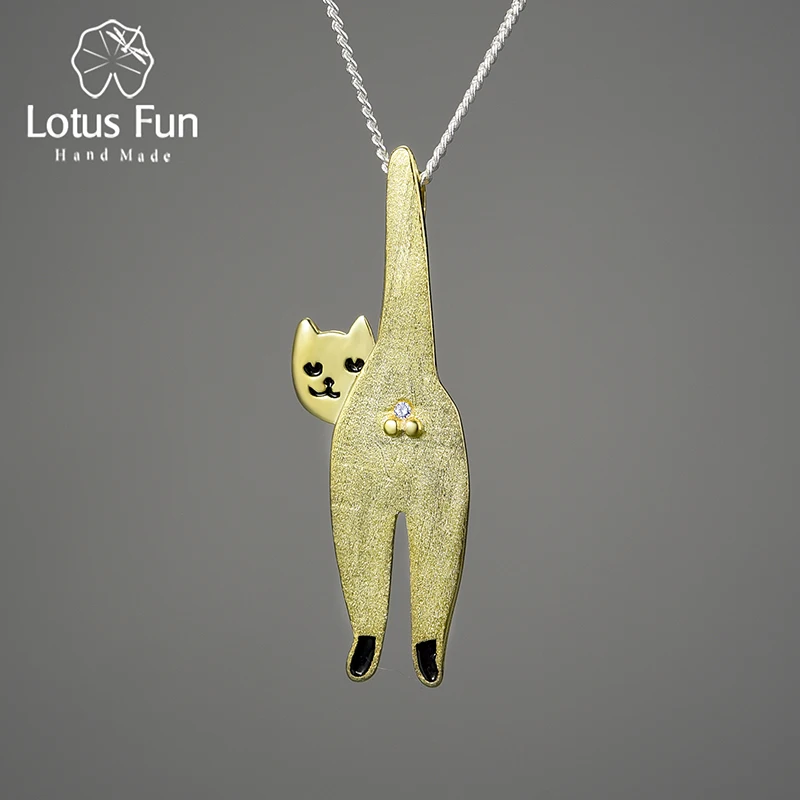 Lotus Fun 18K Gold Long Naughty Fashion Cute Cat Pendant 925 Sterling Silver Chains and Necklaces for Women Original Jewelry