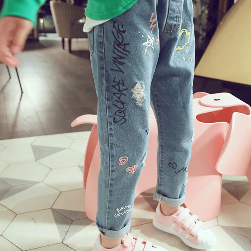 Personality cloud graffiti printing hole casual children jeans,Children\'s Clothing For Girl Kids Pants Boutique Children Trouser