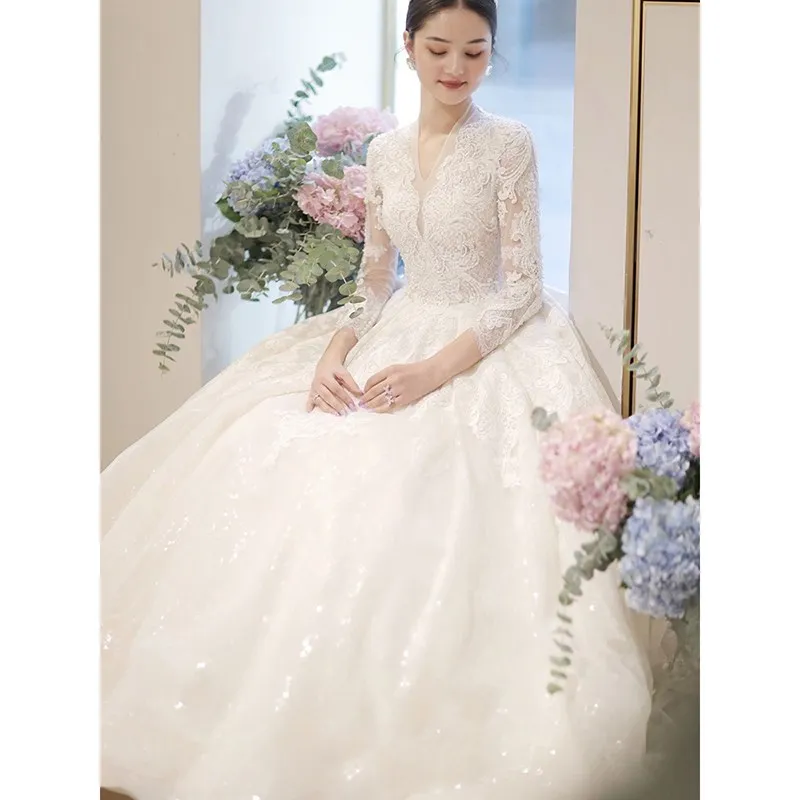 Vestido De novia De encaje 2024 De manga larga nuevo invierno con cuello en V Vestido De baile De flores vestidos De Boda De Princesa Vestido De novia personalizado