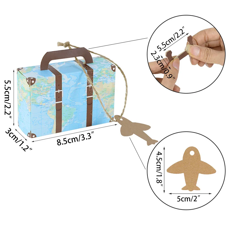 5/10 PCS Mini World Map Suitcase Gift Box Kraft Paper Candy Boxes Travel Theme Wedding Favors Baby Shower Birthday Party Supply