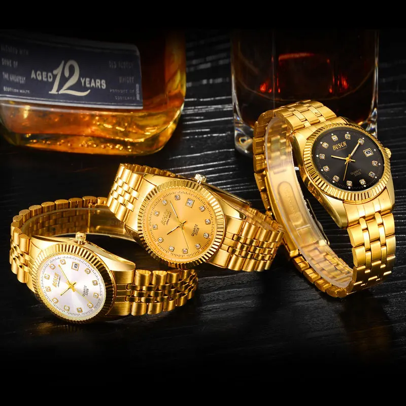 BOSCK แฟชั่นคู่นาฬิกาข้อมือ Mens Gold Luxury ผู้หญิงมีแบรนด์นาฬิกา Reloj นาฬิกาผู้ชาย Relogios Masculinos