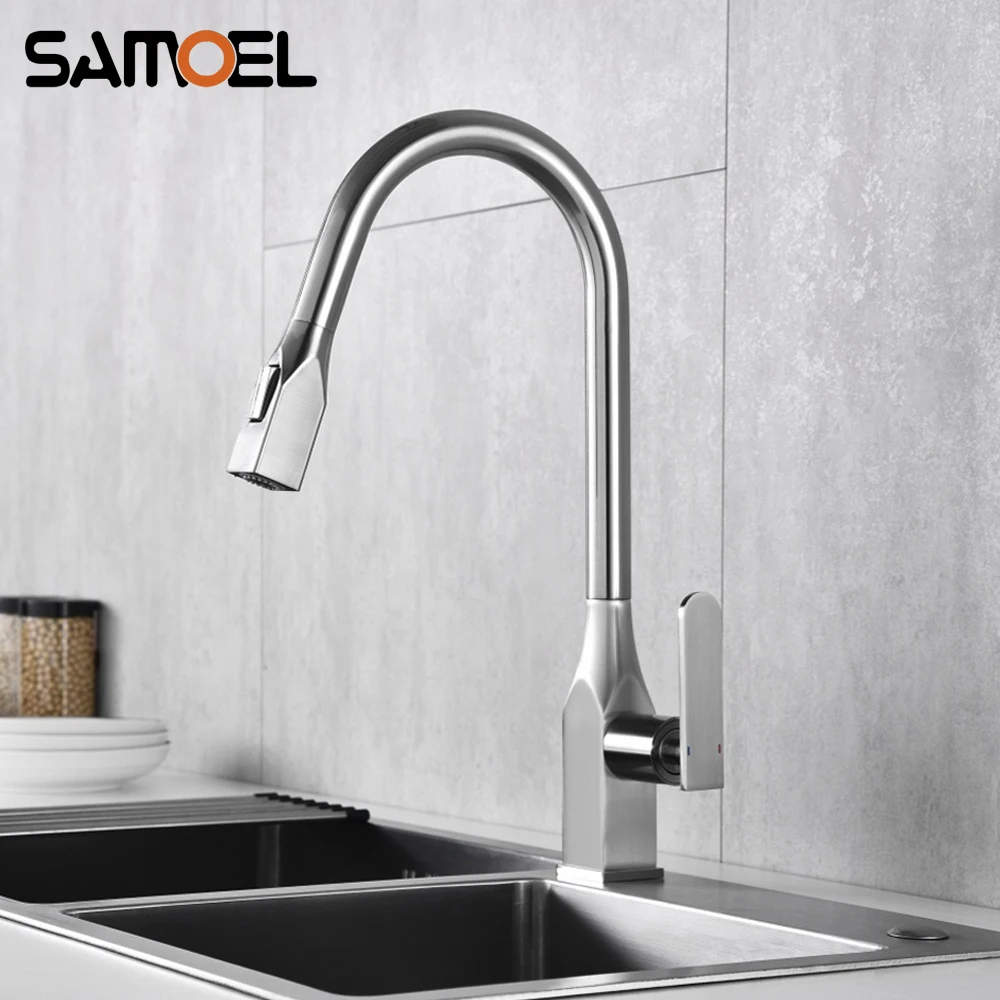 

American Style Brass Pull Out kitchen faucet Mixer Brushed Nickel Square Sink Cold Hot Water Tap torneira cozinha NL722