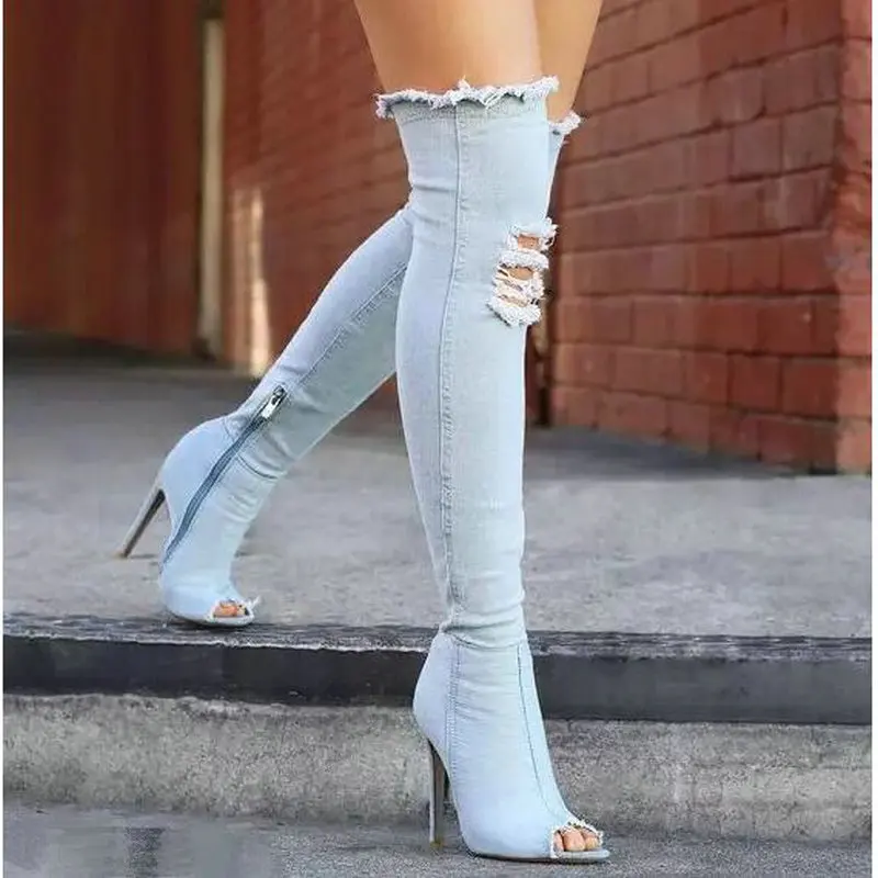 Fashion Autumn Women High Heels thigh high boots Female Shoes Hot Over The Knee Boots Peep Toe Cowboy Boots Denim shoes 785