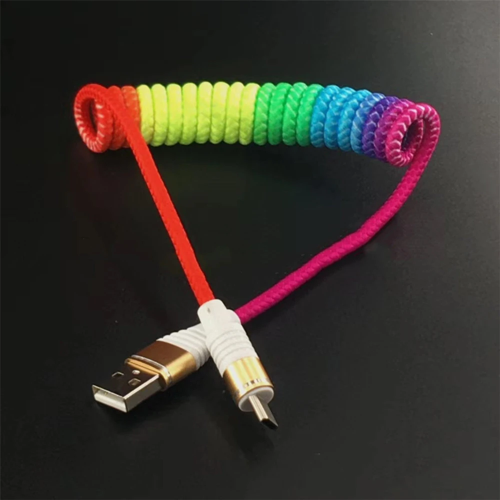 Spring Cable Retractable 2.4A Fast Charging Cables Data Cable Type C Micro USB Flexible Elastic Stretch Charger Cable