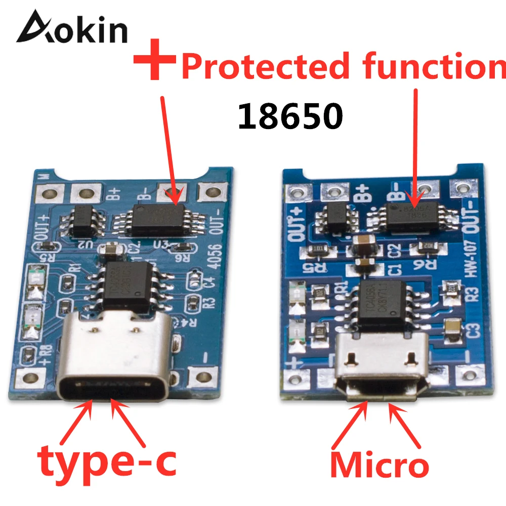 5PCS Type-C/Micro USB 5V 1A 18650 TP4056 Lithium Battery Charger Module Charging Board With Protection Dual Functions 1A Li-ion