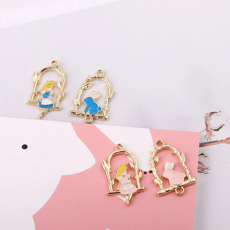 10pcs Enamel Alice Rabbit Swinging Charms Pendants Girls Metal Charms Fit DIY Jewelry Accessories Earring Bracelet Finding Decor