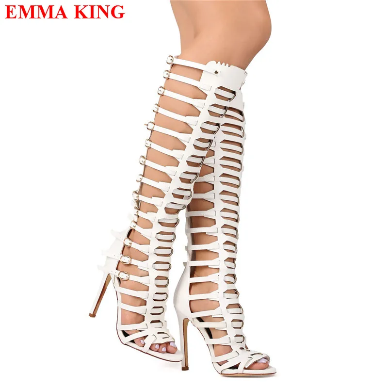 Fashion Women Summer White Gladiator Sandals Peep Toe High Heel Party Shoes Roman Buckle Strap Hollow Out Knee High Boots Women