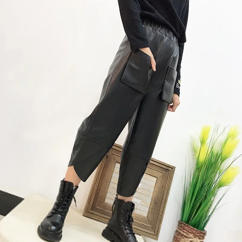 

Street High Women Loose Fit Mid Calf Real Sheepskin Harem Pants Casual Hip Hop Streetwear Elastic Waist BF Genuine Leather Pants