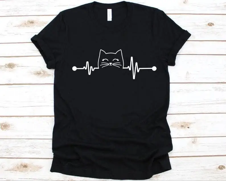 Cat Heartbeat Shirt Love Women's Girls Lover Funny cute Women Cotton Fashion Plus Size O Neck graphic Mama Short Sleeve Top Tees