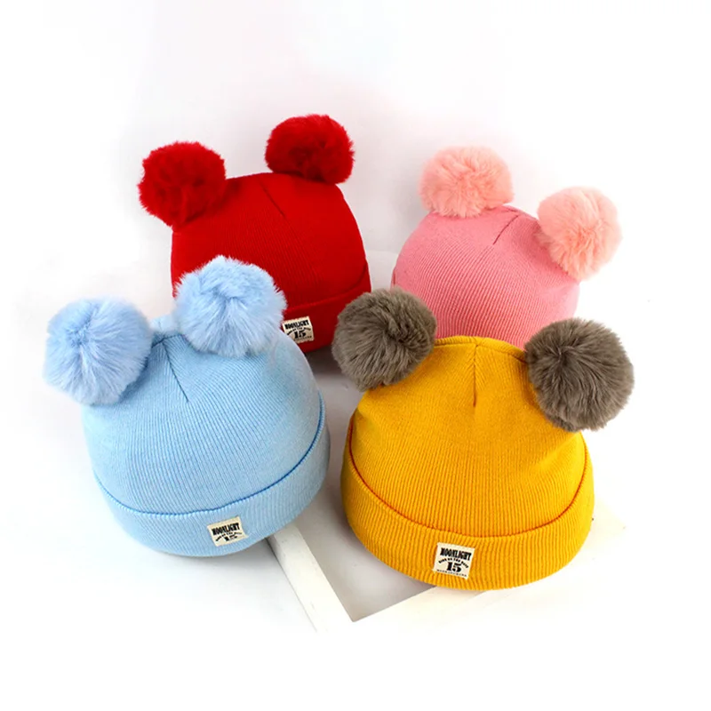 Baby Girls Beanies Hats Children Knitted Pom Pom Hats Winter Autumn Cute Cap For Newborn Boys Warm Girl Hat With Two Balls