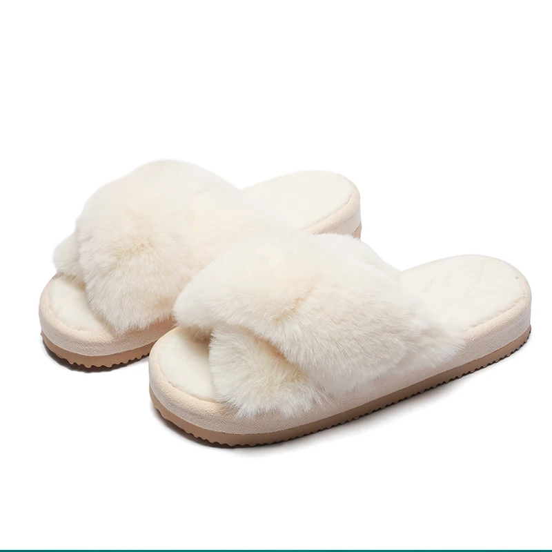 Women Fur Slippers Chic Cross Band 3cm Heel  Soft Plush Indoor Ladies Platform Shoes Open Toe Fluffy House Slippers